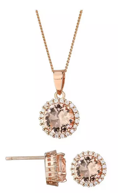Rose Gold Plated Sterling Silver Cubic Zirconia Glass Morganite Halo Stud Earrings and Pendant Set