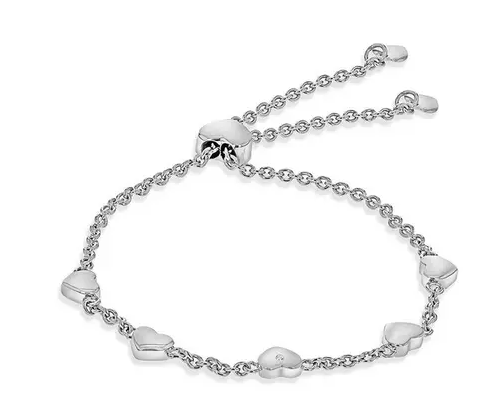Sterling Silver Rhodium Plated Diamond Set Heart Adjustable Slider Bracelet