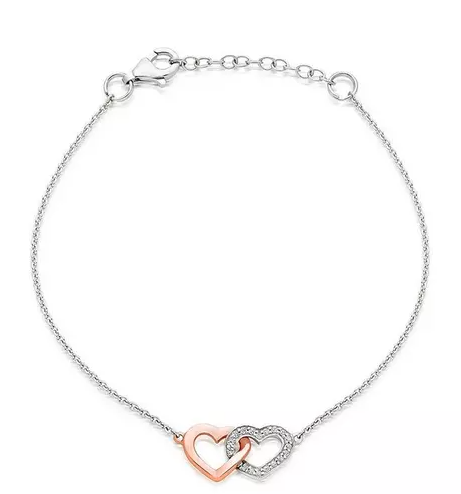 Silver and Rose Gold Plated Cubic Zirconia Double Heart Bracelet