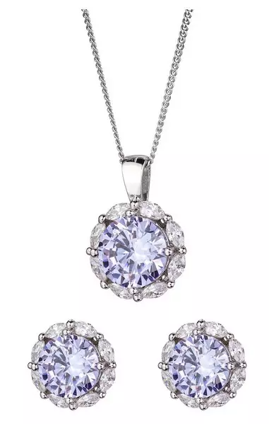 Sterling Silver Lavender Cubic Zirconia Halo Stud Earrings and Pendant Set