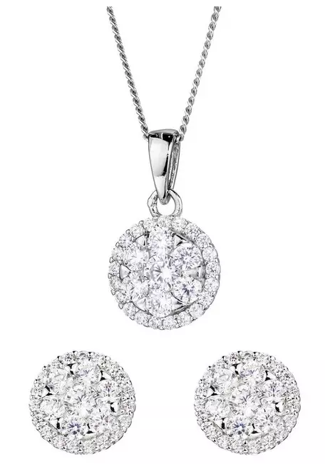 Sterling Silver Cubic Zirconia Cluster Round Stud Earrings and Pendant Set