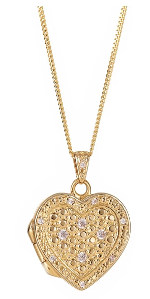 Sterling Silver Gold Plated Cubic Zirconia Heart Locket Pendant 16+2 Inch Curb Chain