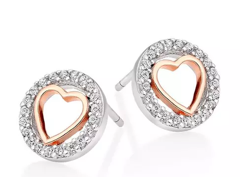 Silver And Rose Gold Plated Cubic Zirconia Heart Earrings