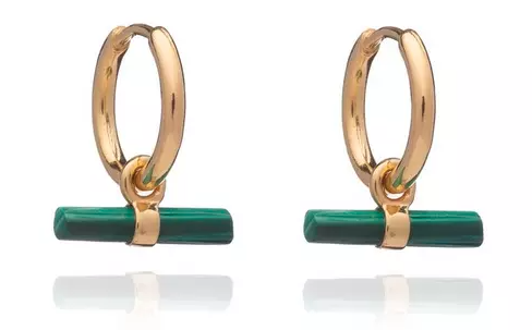 Rachel Jackson 22ct Gold Plated Mini Malachite T Bar Huggie Hoops