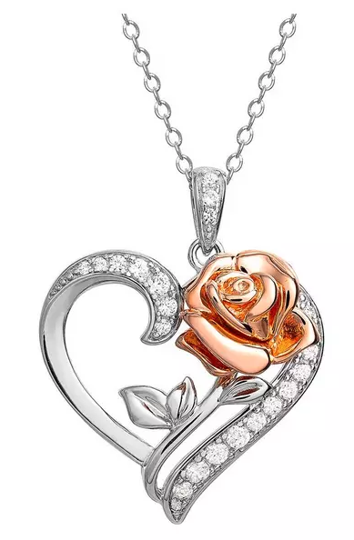 Disney Beauty and The Beast Sterling Silver Crystal Heart and Rose Gold Rose Necklace