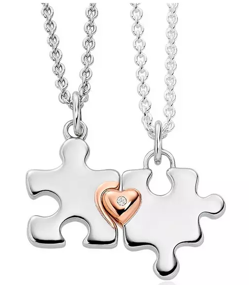 Mini B Childrens Silver and Rose Gold Plated Diamond Jigsaw Mother Daughter Pendant Set