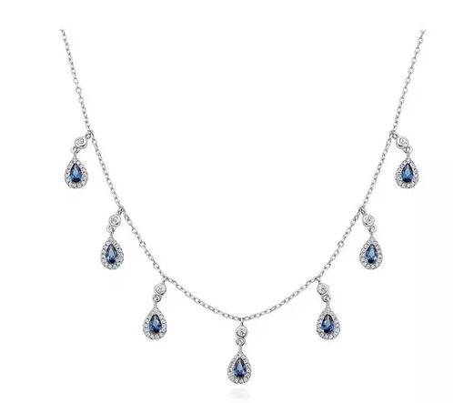 Silver Blue Cubic Zirconia Pearl Halo Necklace
