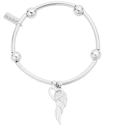 Sterling Silver Noodle Ball Open Heart & Angel Wing Bracelet