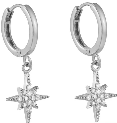 Sterling Silver North Star Cubic Zirconia Huggie Hoop Earrings