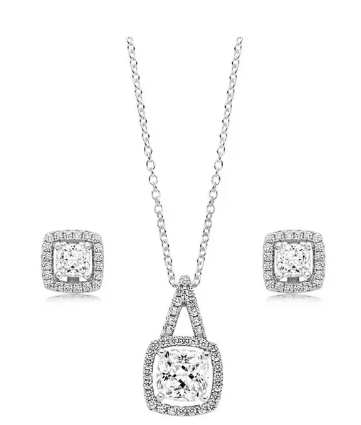 Silver Cubic Zirconia Square Halo Pendant and Earrings Set