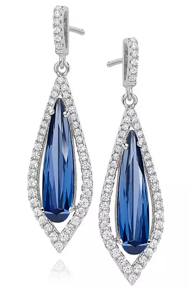 Silver Blue Cubic Zirconia Halo Drop Earrings