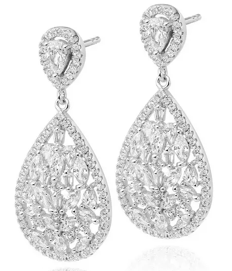 Silver Cubic Zirconia Cluster Drop Earrings