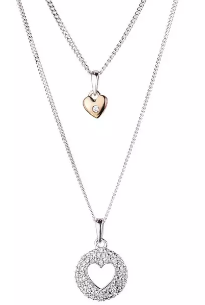 Sterling Silver and Rose Gold Set of Two Diamond Set Heart Pendant Necklaces