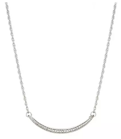 Rhodium Plated Sterling Silver 0.12ct Diamond Curved Bar Necklace With 18 inch Curb Chain