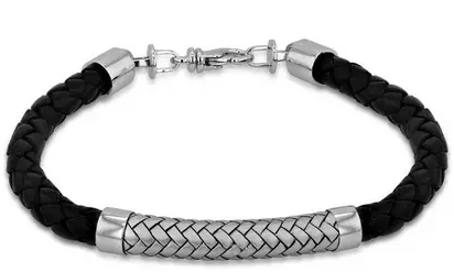 Sterling Silver Rhodium Plated 7.5mm Black Leather and Satin Herringbone Bracelet 21.5cm/8.5'