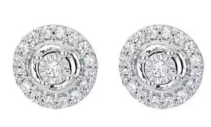 Sterling Silver Rhodium Plated 11 Point Diamond Halo Stud Earrings
