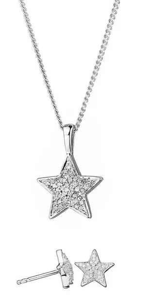 Sterling Silver Diamond Set Star Stud Earrings and Pendant Necklace
