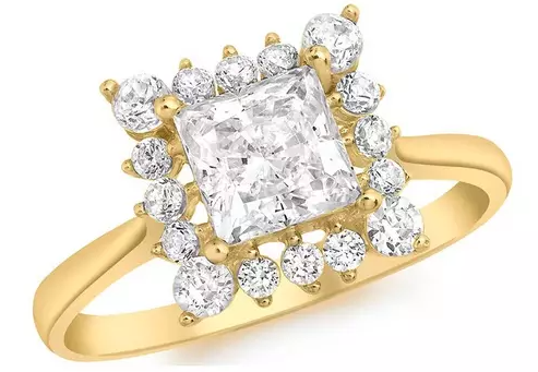 9ct Gold Cubic Zirconia Square Halo Solitaire Ring