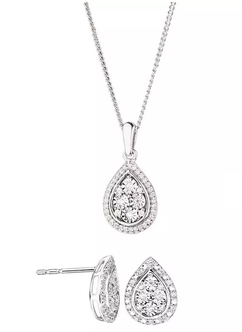 Sterling Silver 20pt Diamond Total Pear Stud Earrings and Pendant Necklace