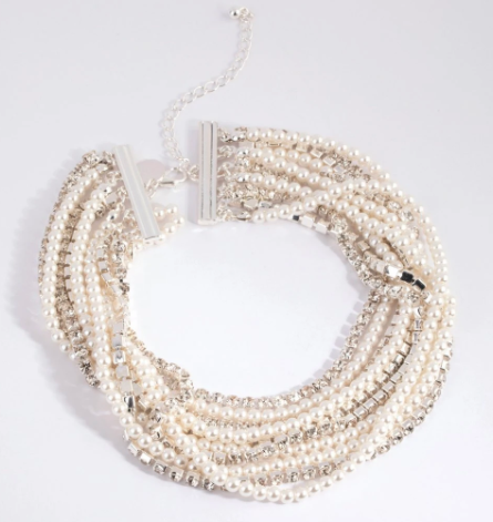 Silver Cup Chain Pearl Choker Necklace