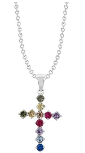 Sterling Silver Multi-Color Cubic Zirconia & Lab-Created Ruby Cross Necklace