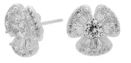 Sterling Silver 925 Cubic Zirconia Baguette Stone Flower Stud Earrings