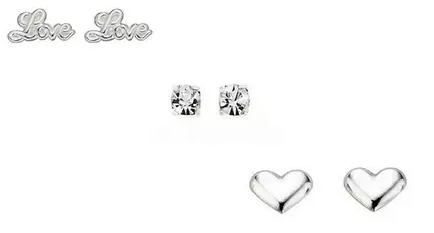 New 3pk Sterling Silver Love, Cubic Zirconia & Heart Stud Earrings