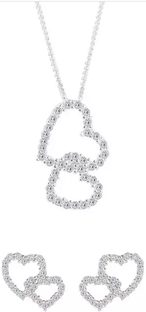 Sterling Silver Cubic Zirconia Heart Stud Earrings and Pendant Set