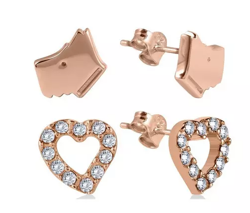 18k Rose Gold Plated Sterling Silver Dog and Crystal Set Heart Ladies Earrings Set